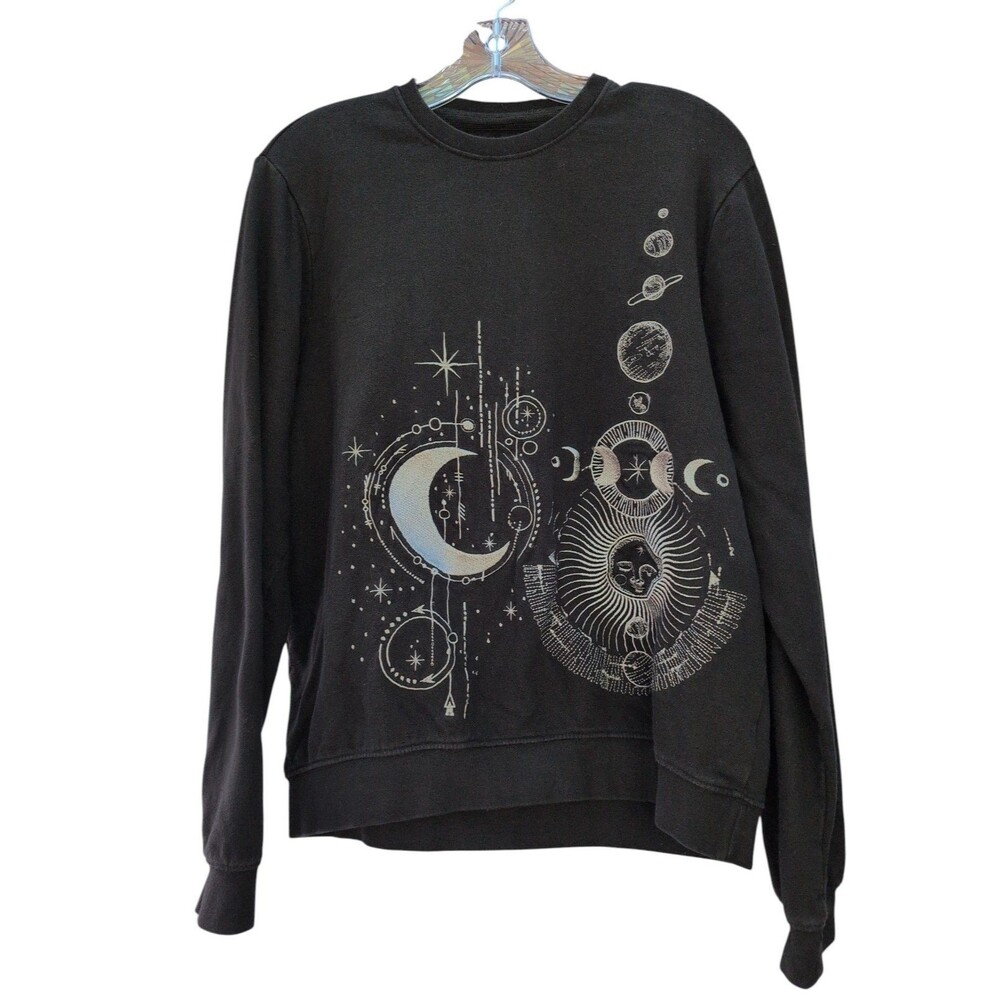 Blind Rooster Celestial Moon Sun Planets Embroidered Sweatshirt Black Size S